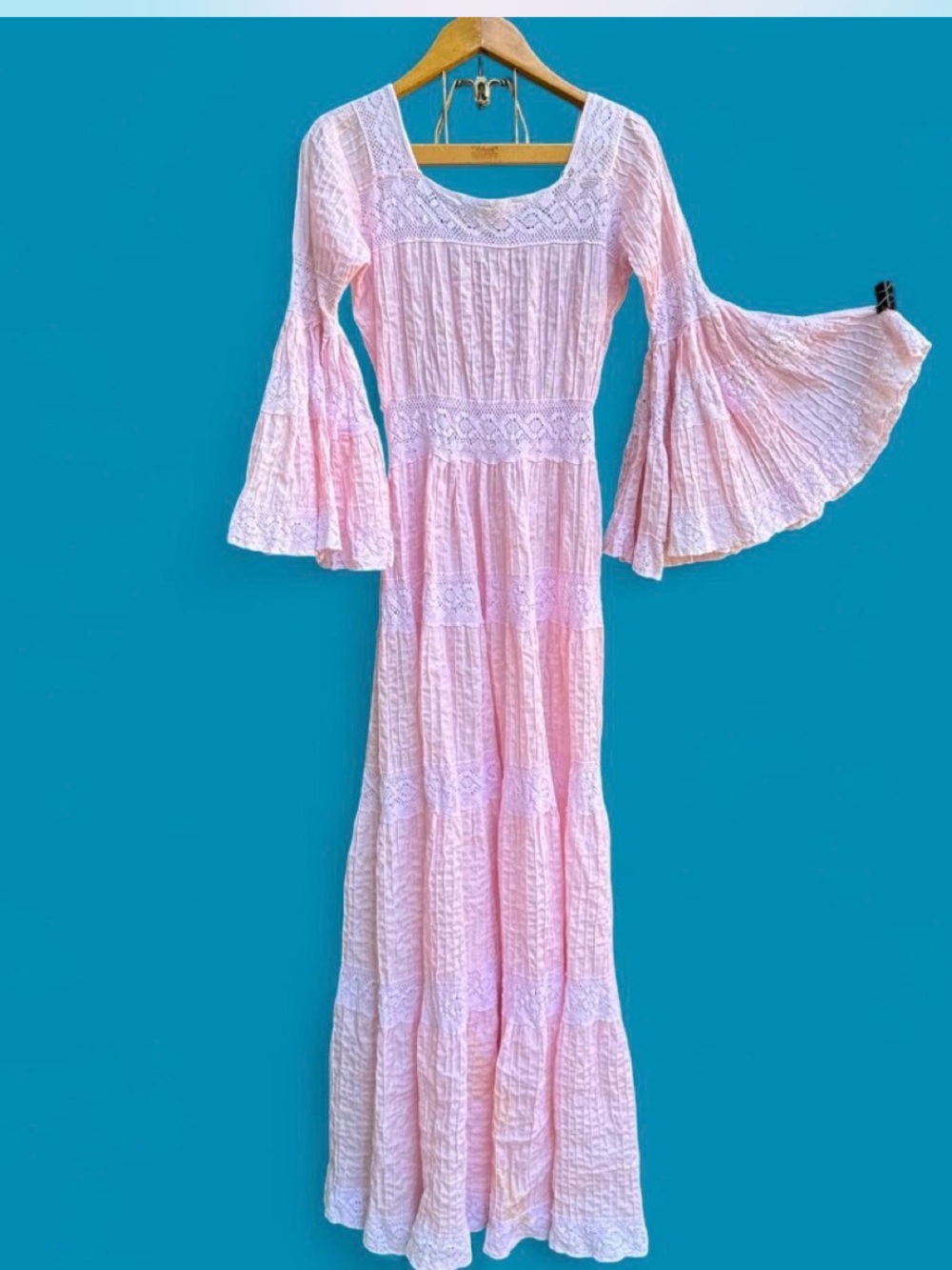 Bohemian Pink Lace Maxi Dress - Feminine Bell Sleeve Gown